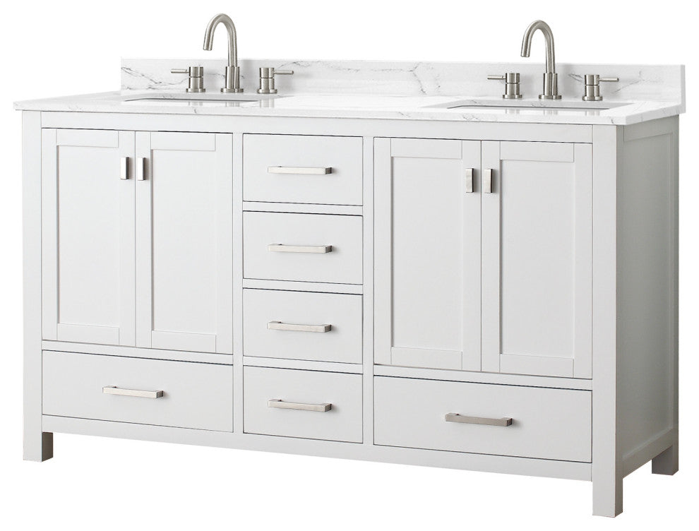 Avanity Modero 60" Double Vanity, White, Cala White Engineered Stone Top