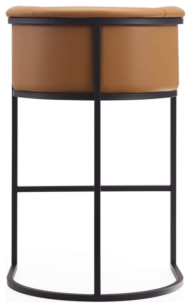 Modern Bar Stool, Square Design With Metal Frame & Camel Faux Leather Seat