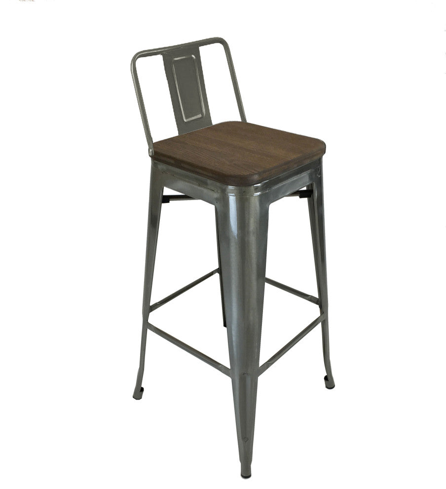 Stainless Steel Bar Stool With Backrest, Wood Seat, Set of 4, Natural