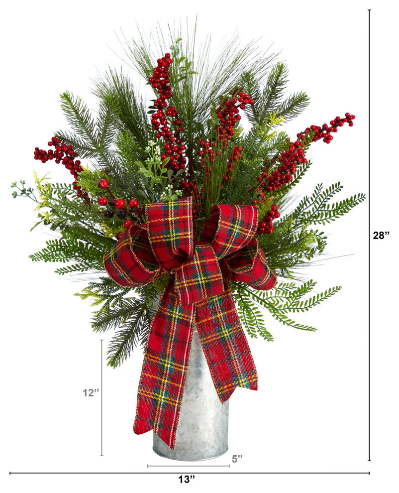 28" Holiday Winter Greenery, Berries and Plaid Bow Faux Xmas Arrangement