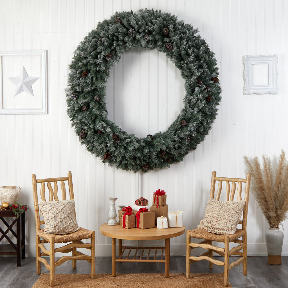 6' Giant Flocked Christmas Artificial Wreath With Pinecones, 600 Clear LEDs