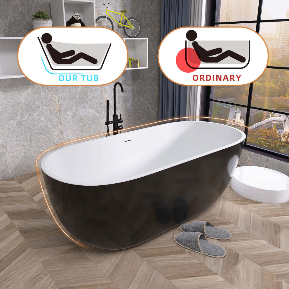 Acrylic Roll-Top Freestanding Flatbottom Soaking Bathtub, Black, 65"30"