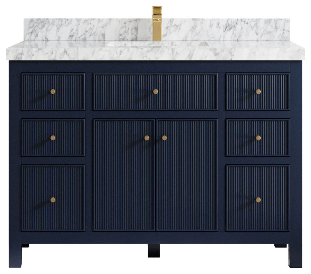 Sonoma 48 Single Sink Reeded Bath Vanity in Hale Navy Blue 2" Carrara Marble