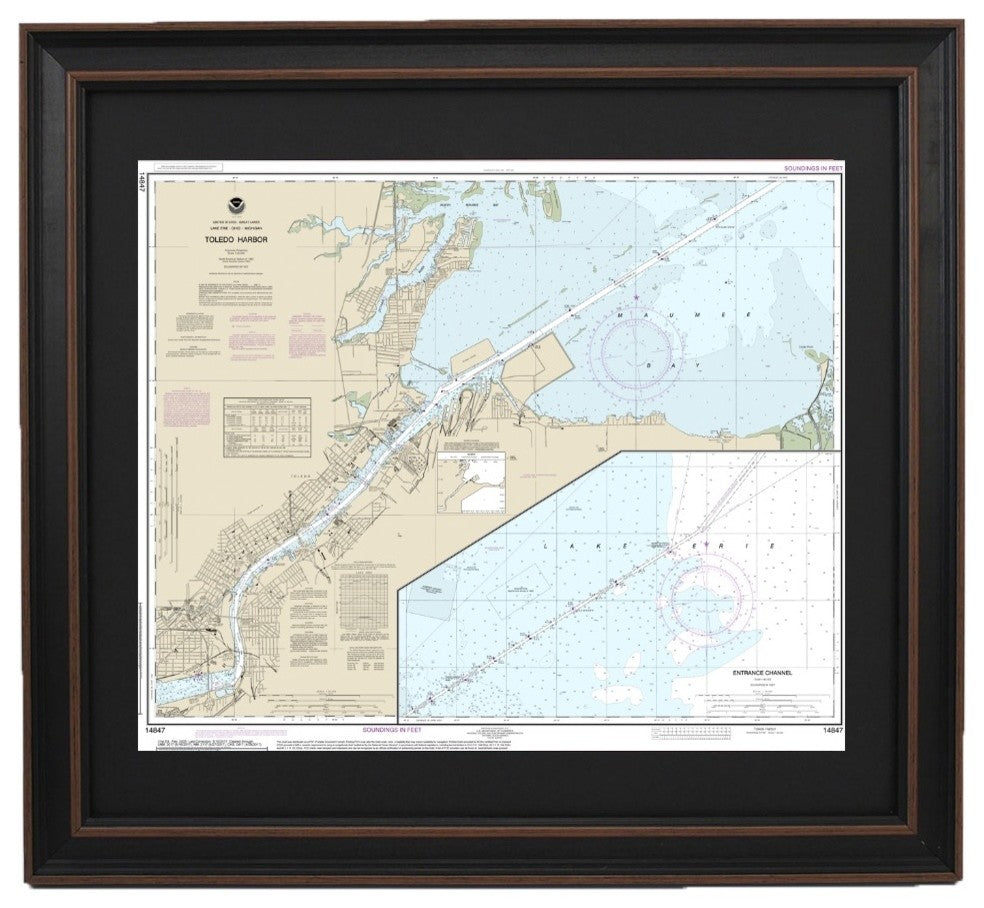 Framed Nautical Chart, Lake Erie, Toledo Harbor, 24x20