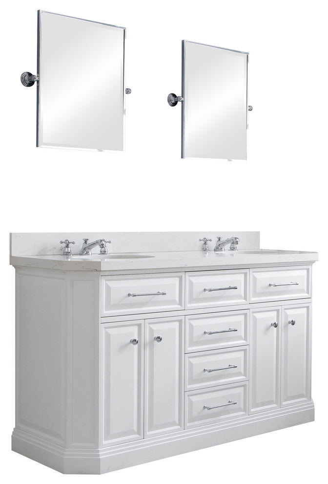 60" Palace Quartz Carrara Pure White Vanity With Hardware, Mirror