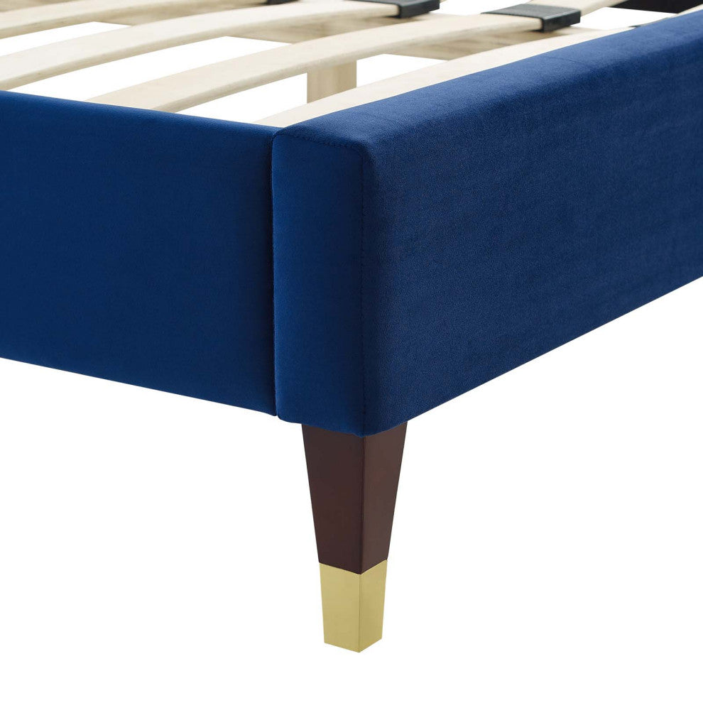 Platform Bed Frame, Twin Size, Velvet, Blue Navy, Modern Contemporary, Bedroom