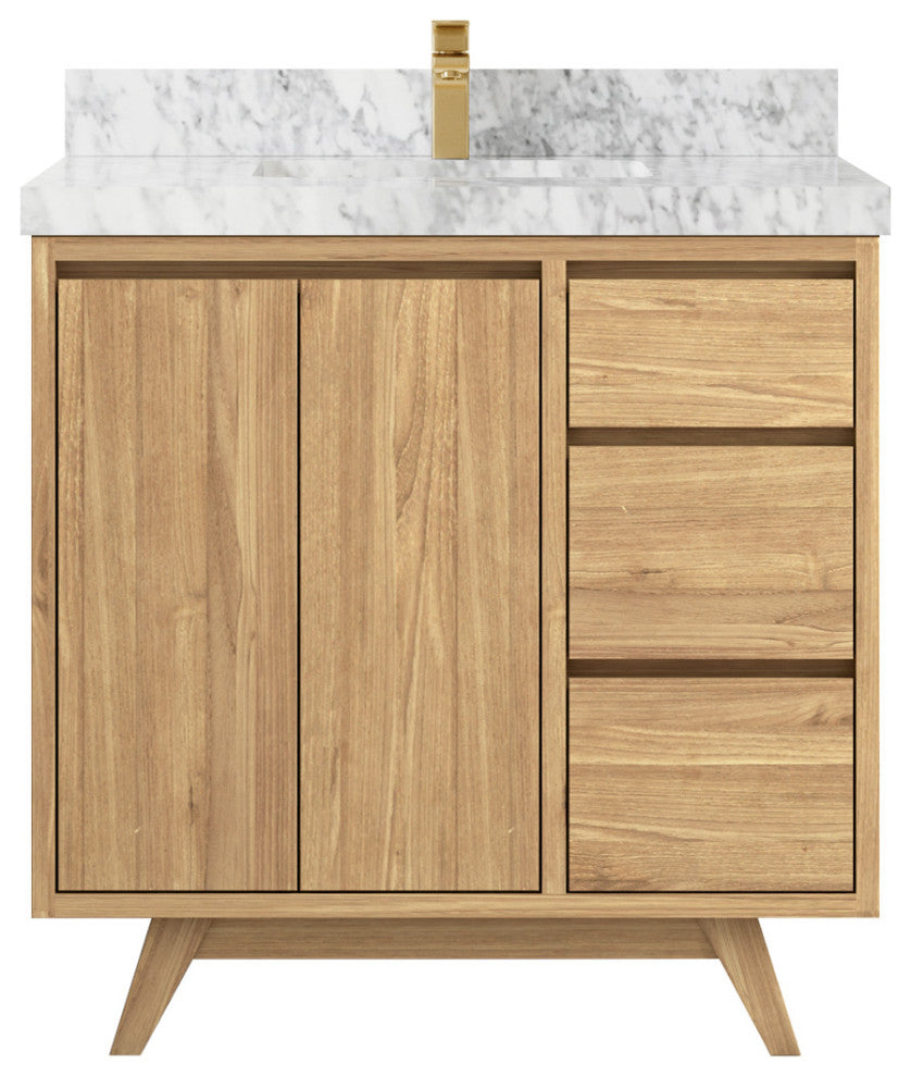 Madison Teak 36 Center Sink Bath Vanity in Light Natural 2" Carrara Marble