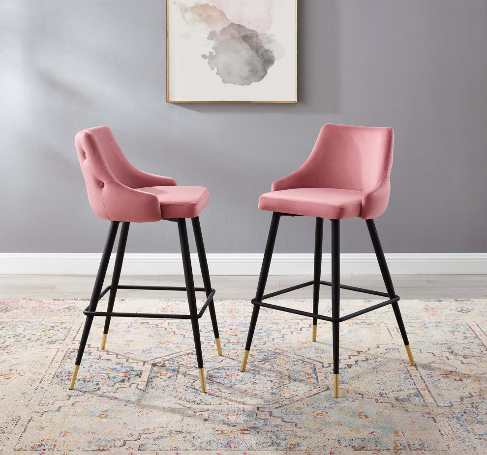 Bar Stool Chair Barstool, Set of 2, Velvet, Pink, Bar Pub Cafe Bistro Restaurant