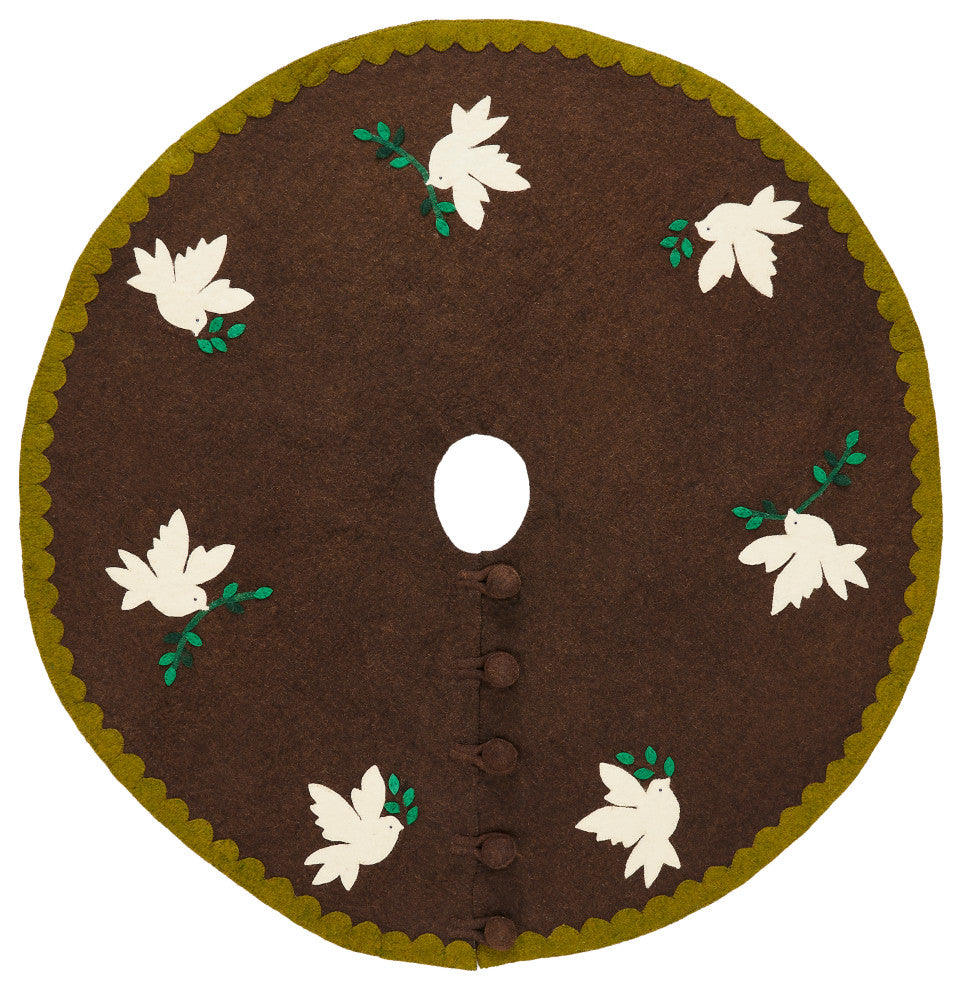 Doves on Brown Christmas Tree Skirt in Hand Felted Wool - 60"
