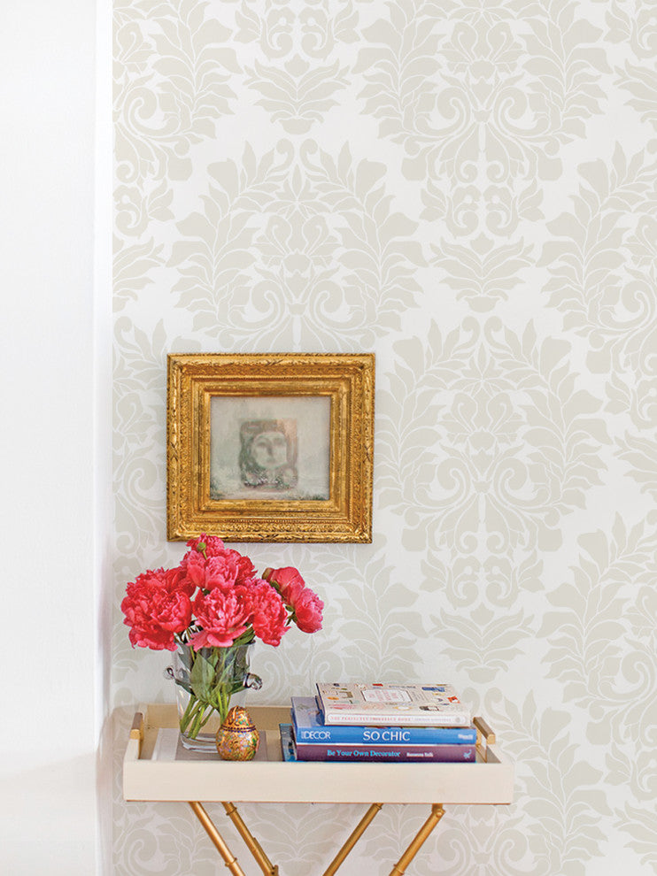 Classic Damask Peel and Stick Vinyl Wallpaper, Beige on White, 24"w X 60"h