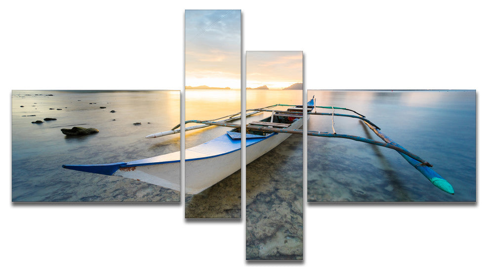 Boat Docked at Beautiful Sunset, Seashore Canvas Art Print, 60"x32", 4 panels