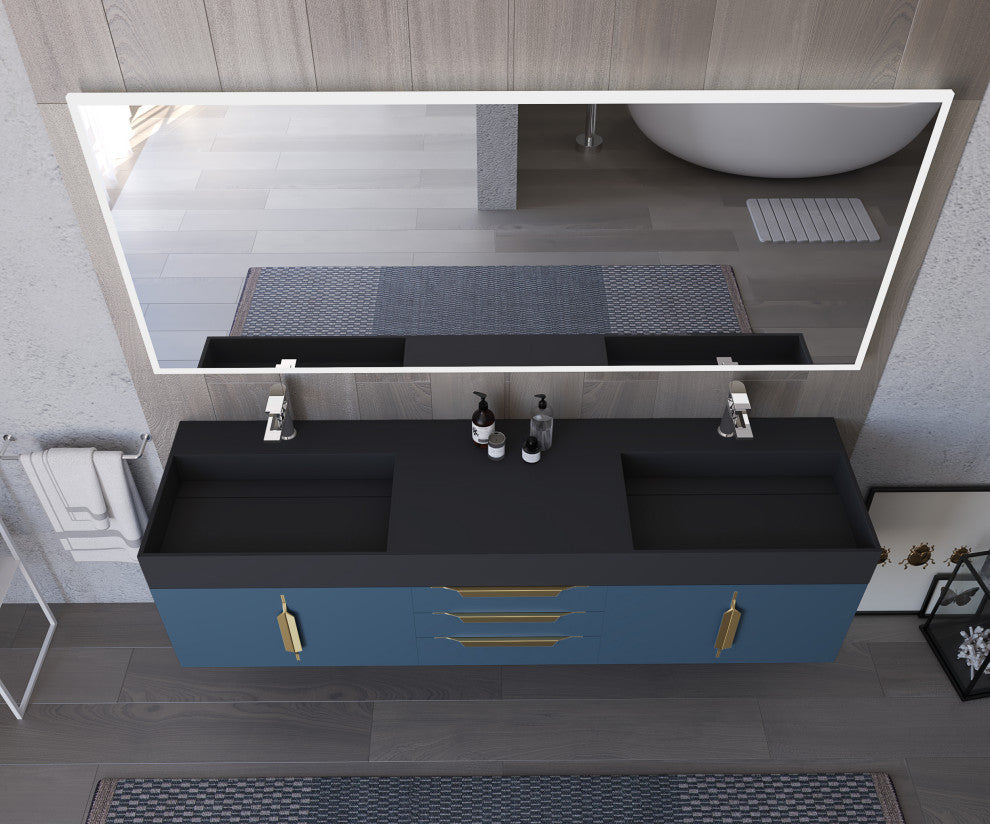 CastelloUSA Amazon 72" Wall Mounted Vanity Set, Blue, Black Top, Gold Handles