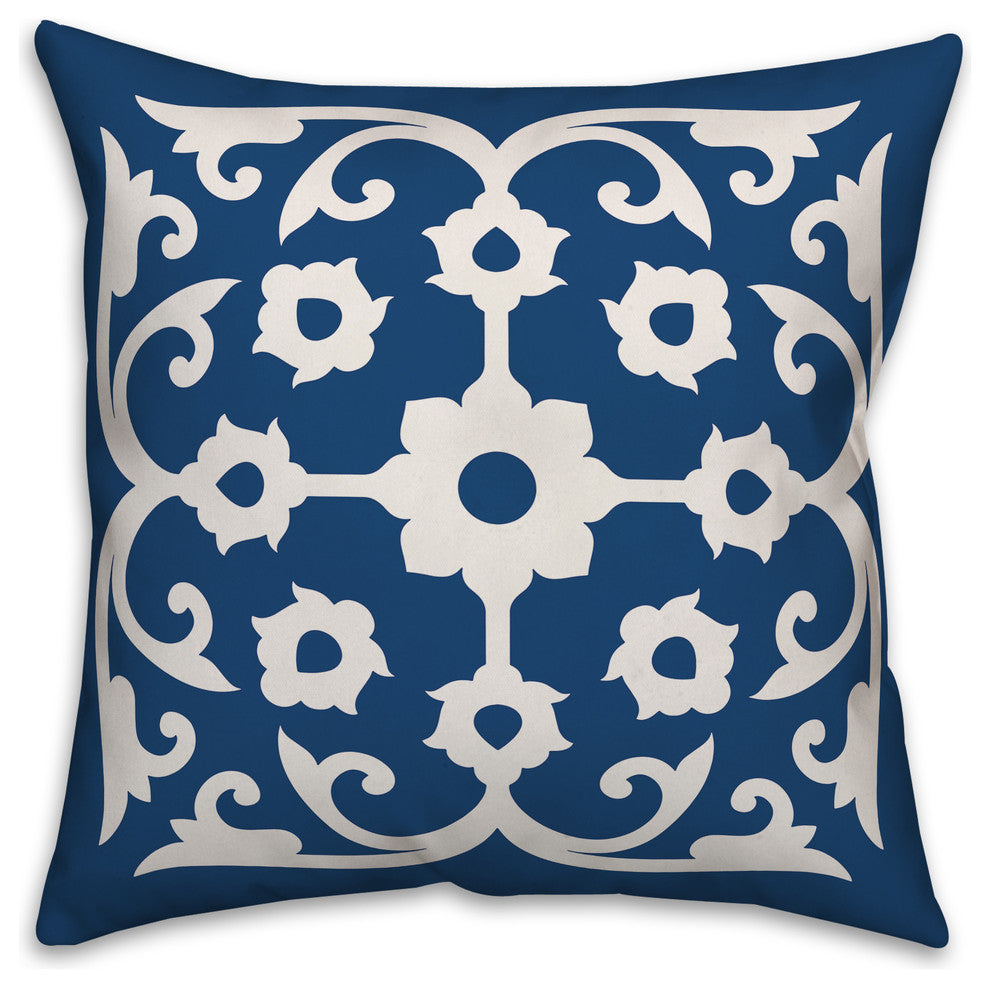 Blue and White Tile 16x16 Throw Pillow Cover
