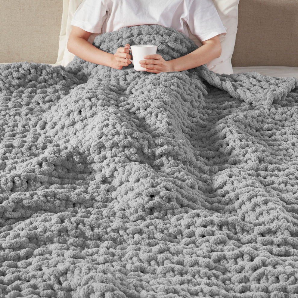 Madison Park Handmade Chenille Chunky Knit 50"x60" Throw, Gray