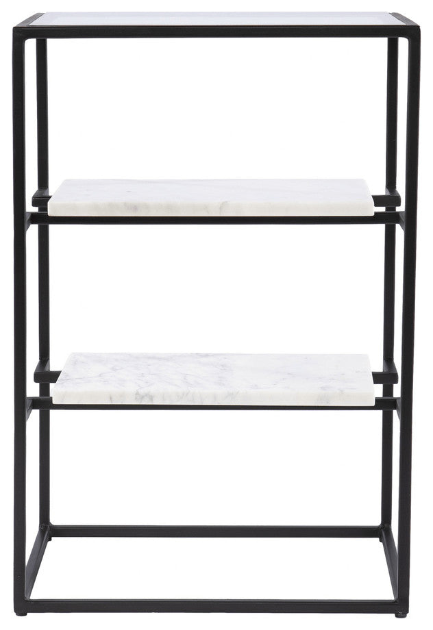24" Black Glass and Marble Rectangular End Table With Two Shelves