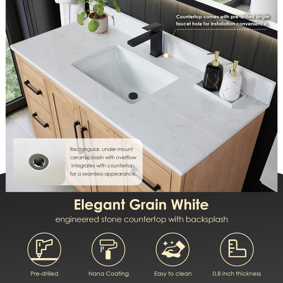 Cicero Vanity, Grain White Engineered Stone Countertop, Light Brown, 48", No Mirror