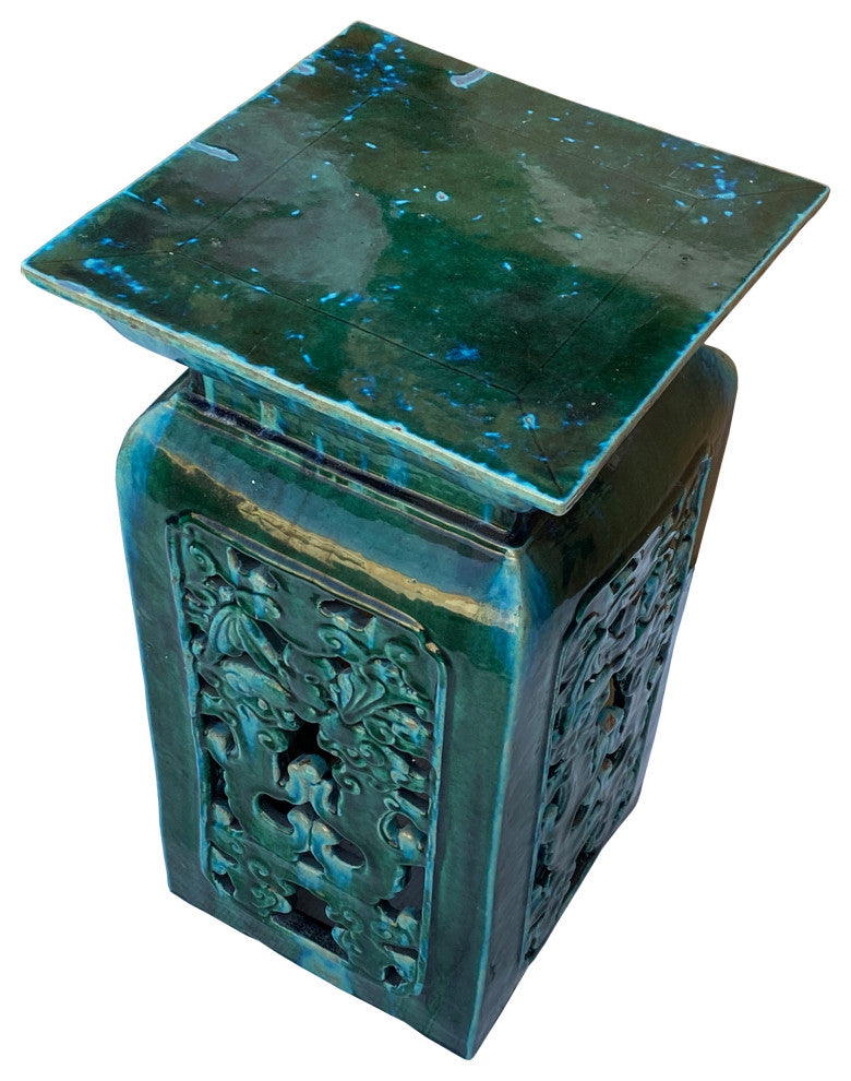 Ceramic Clay Green Square Tall Pedestal Table Bats Dragons Stand Hcs6996