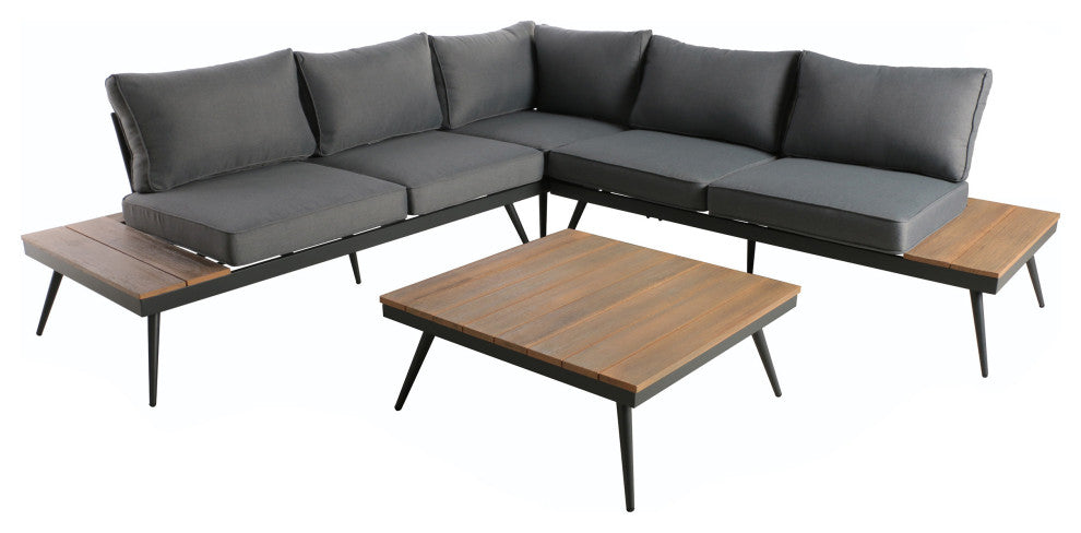 GDF Studio Deborah Outdoor Faux Wood and Aluminum V-Shaped 5 Seater Sofa Set, Natural Finish/Gray