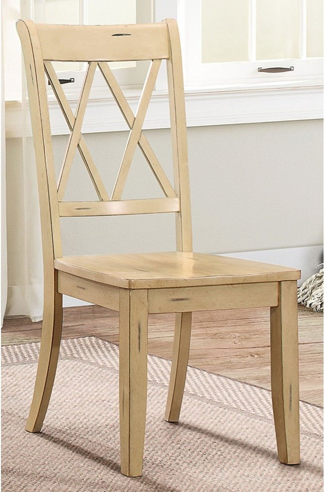 Benzara BM179834 Pine Veneer Side Chair With Double X-Cross Back, Sand, Set of 2
