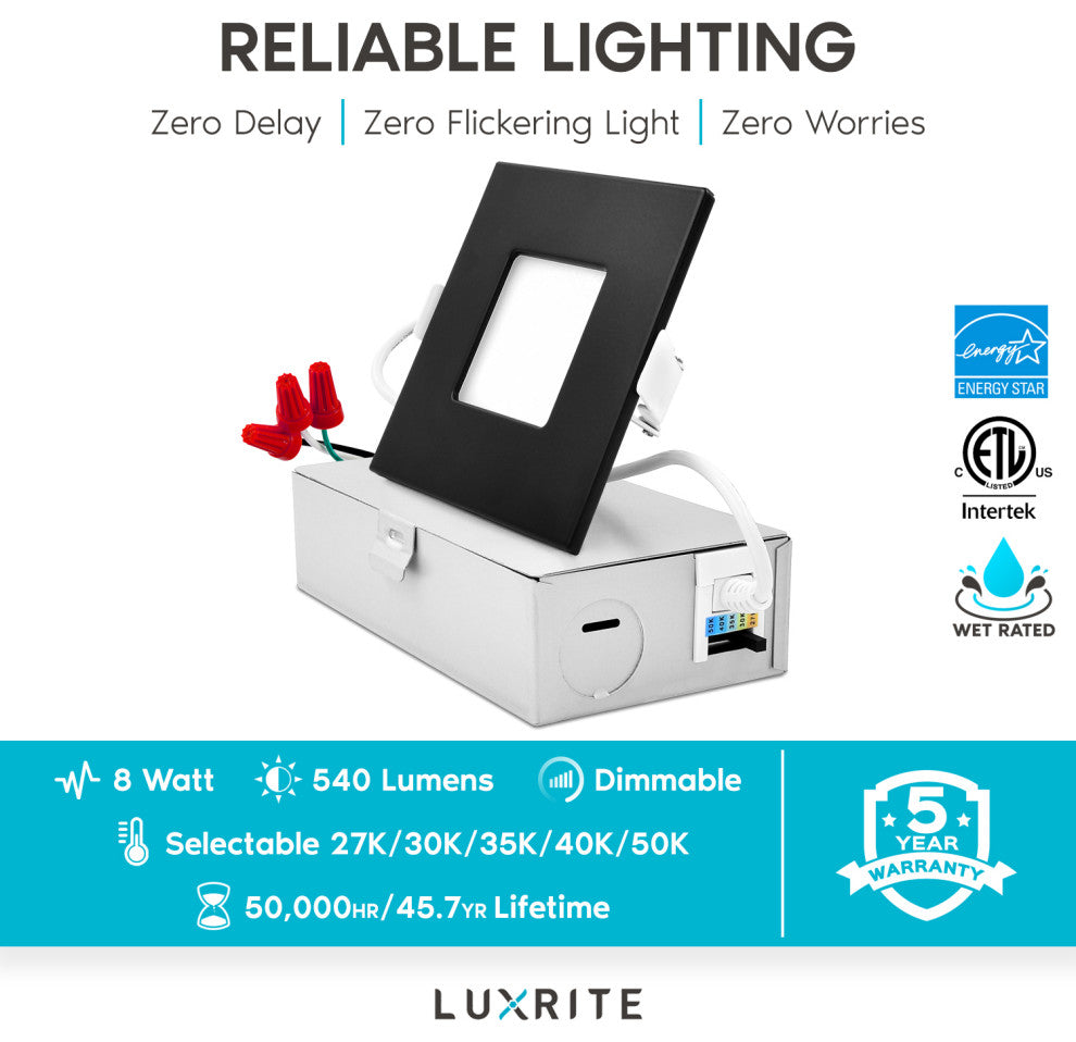 Luxrite 3" Ultra Thin LED Recessed Light 5 Color Option Black 4 Pack