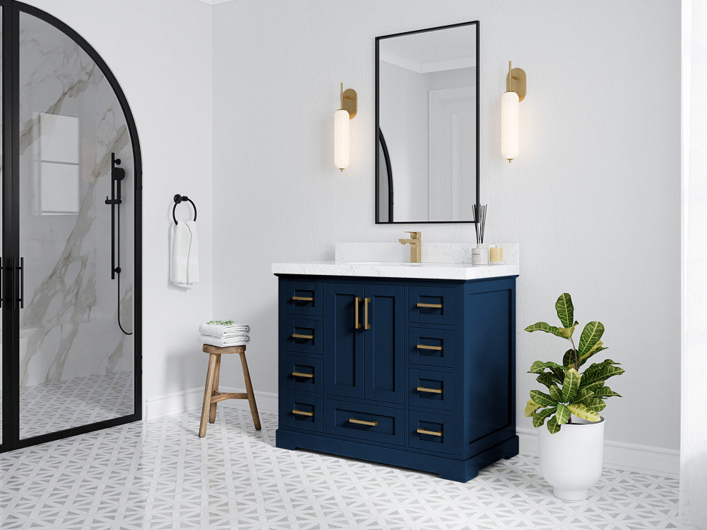 Boston 42 Single Sink Bath Vanity in Navy Blue 2" Carrara Marble
