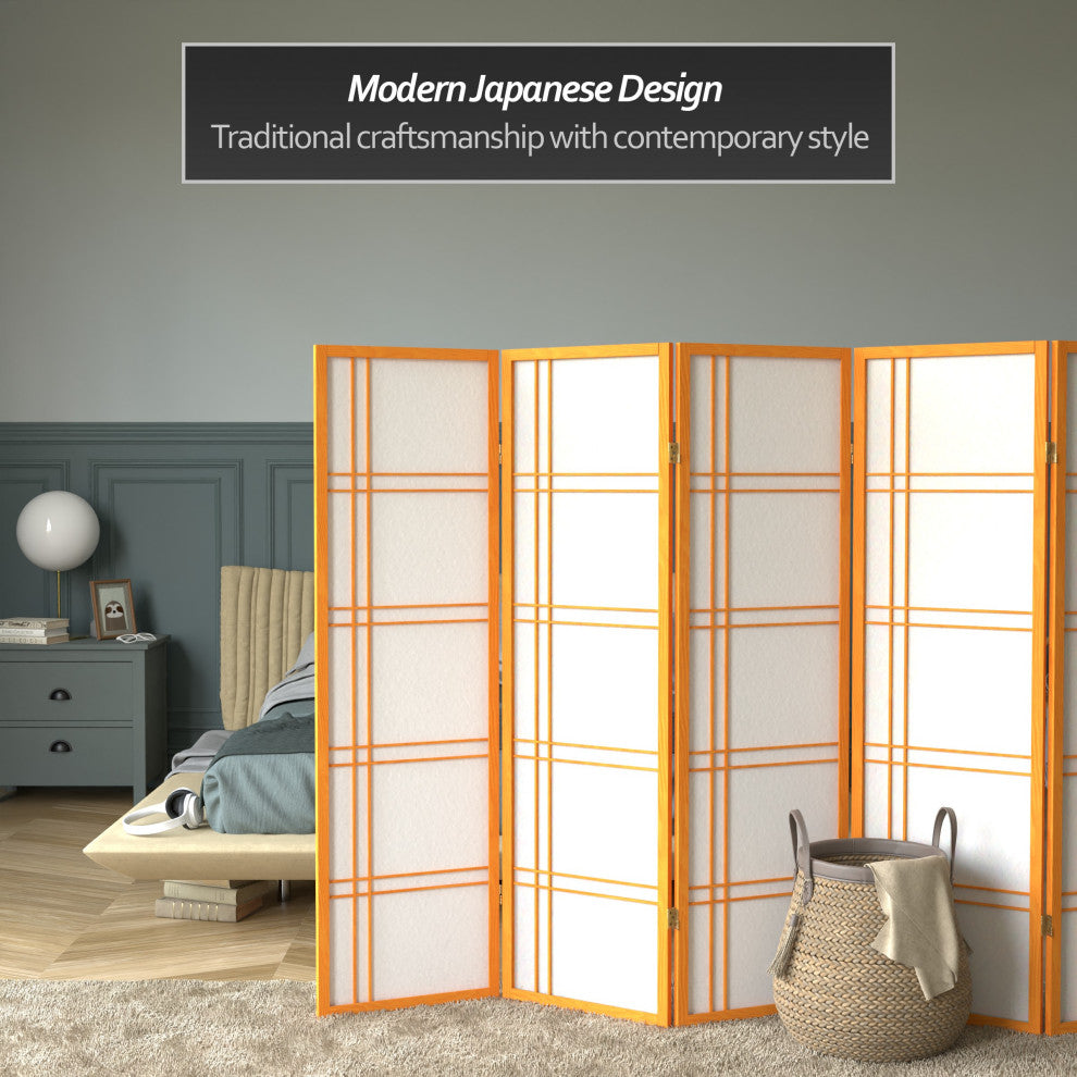 5' Tall Double Cross Shoji Screen, Honey, 5 Panels