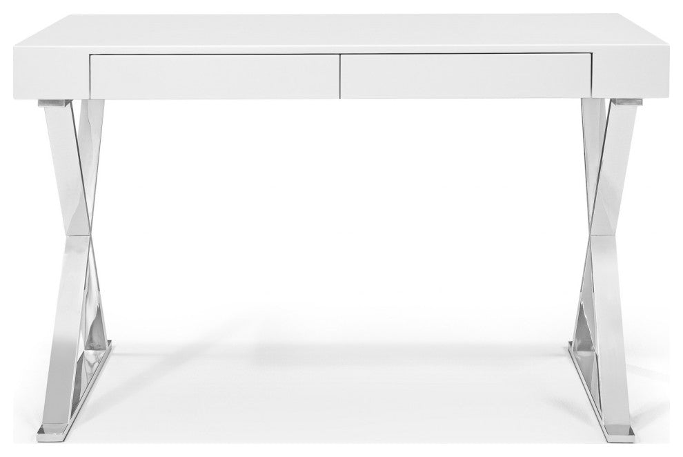 HomeRoots Desk Large High Gloss White Two Drawers Stainless Steel Base