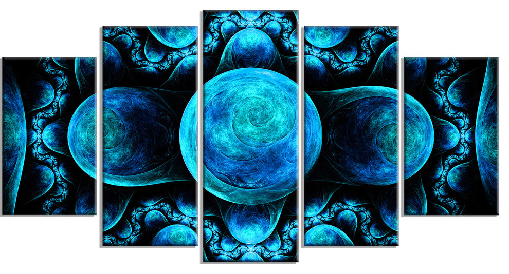 Blue Exotic Pattern on Black, Contemporary Art on Canvas, 60"x32", 5 Panels