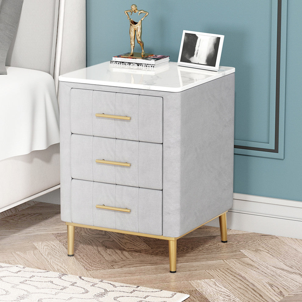 Modern Nightstand Gray Velvet Upholstered Bedside Table 3 Drawers With Stone Top