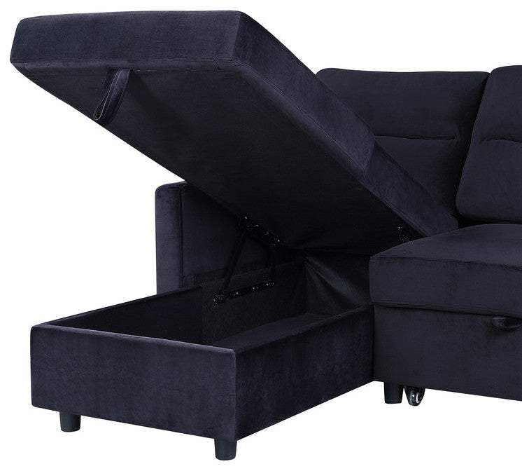 Ivy Black Velvet Reversible Sleeper Sectional Sofa, Storage Chaise, Side Pocket