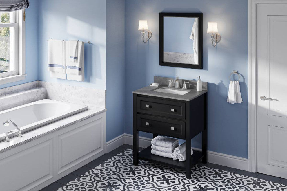 Adler Transitional 30" Black Vanity, Steel Grey Cultured Marble Vanity Top