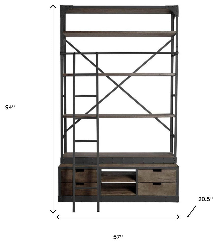 94" Brown Metal and Wood Four Tier Ladder Bookcase