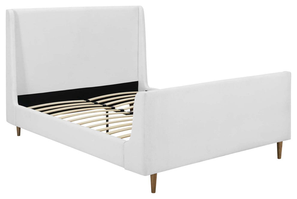 Aubree Queen Upholstered Fabric Sleigh Platform Bed White