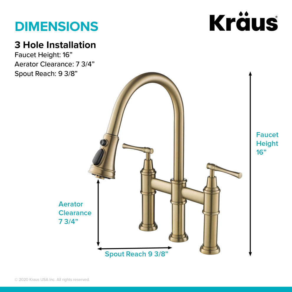 Allyn Traditional 3-Function Bridge Pull-Down Kitchen Faucet Brushed Gold
