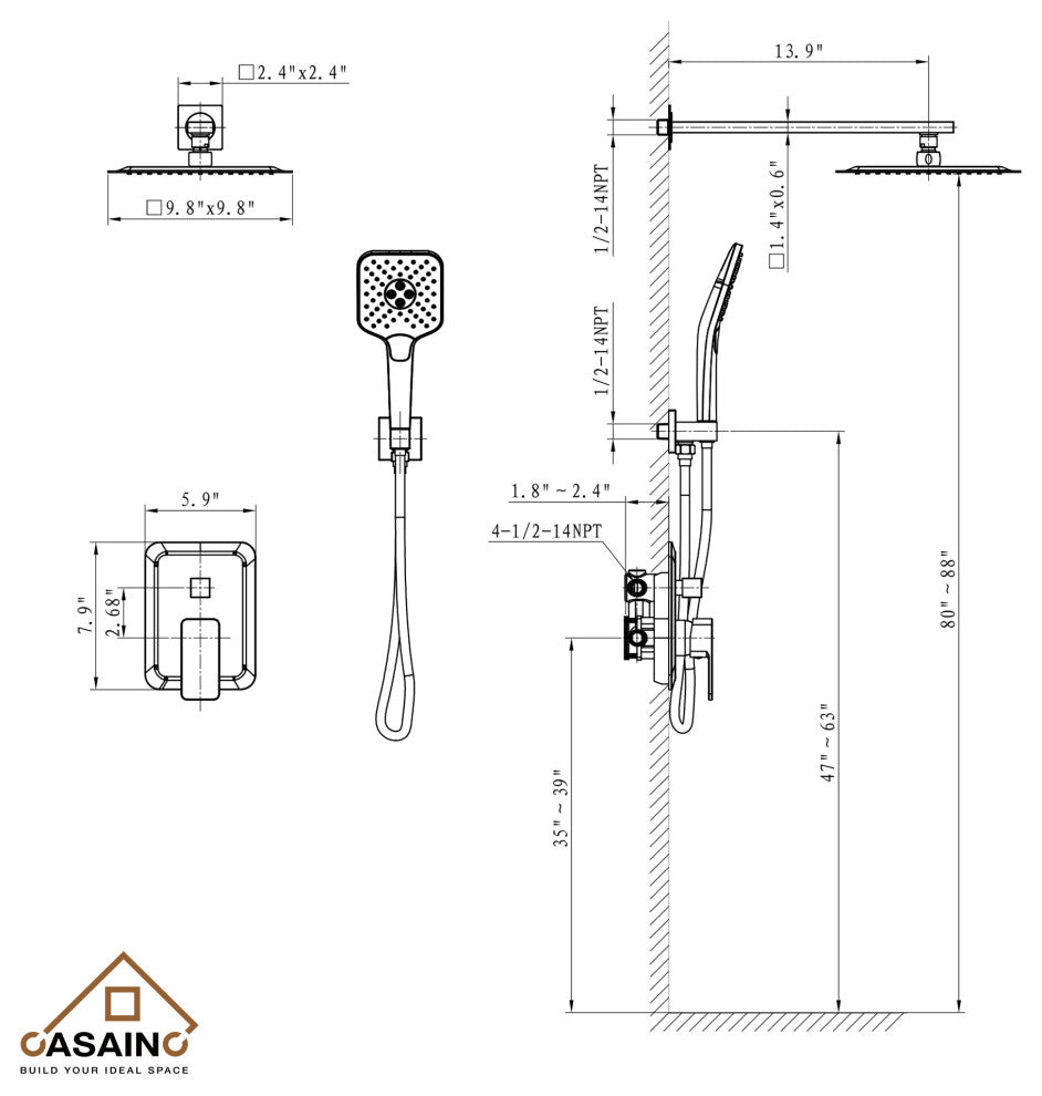 Brushed Nickel Wall Mounted  Shower Faucet Waterfall Shower Bar System, Chrome