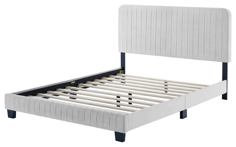 Tufted Platform Bed Frame, Twin Size, Velvet, Grey Gray, Modern Contemporary