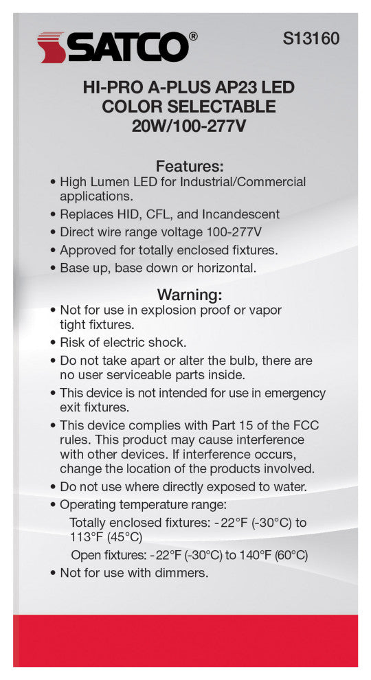 20W, A-Plus 23, LED, CCT Selectable 3K/4K/5K, Medium Base, Type B, Ballast