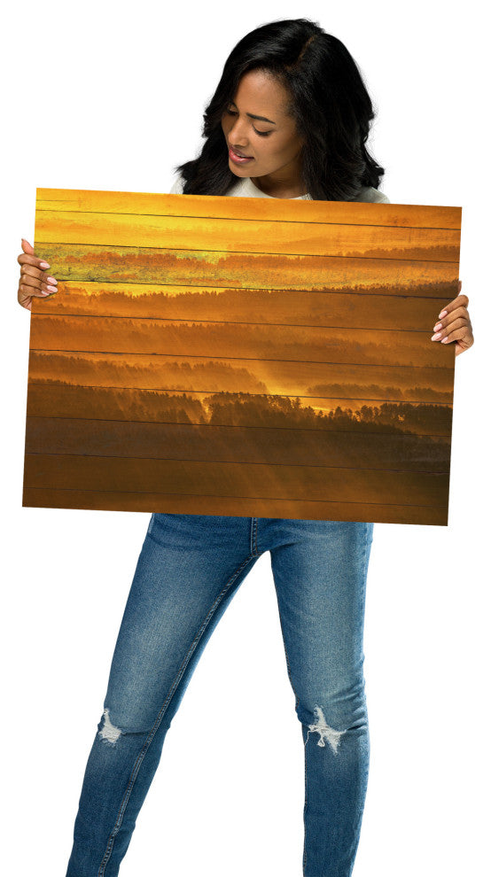 Faux Wood Golden Mist Valley - Hills & Mountain Range Wall Art Prints, 18" X 24"