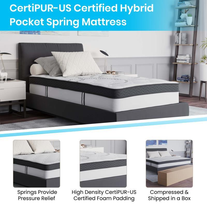 14" Metal Platform Bed Frame, 12" Pocket Spring Mattress & Memory Foam Topper, Black, Twin