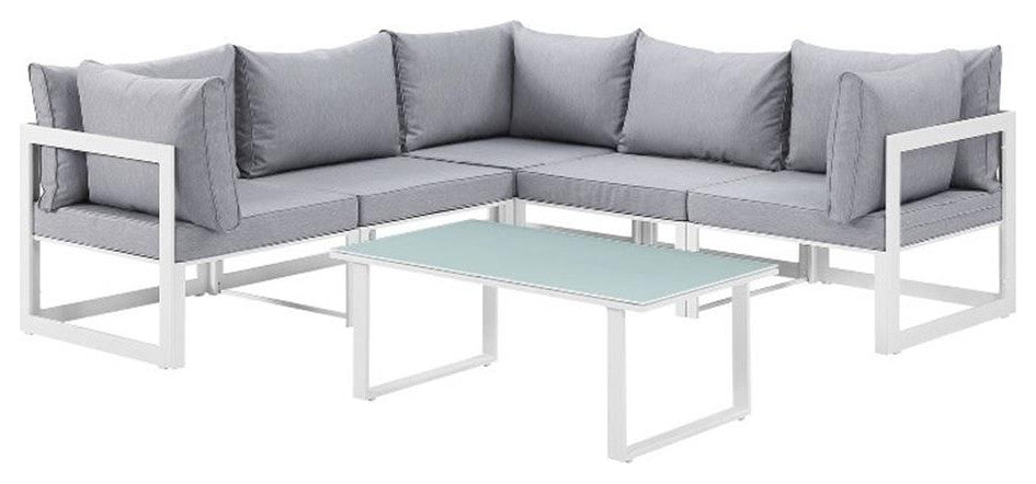 Modway Fortuna 6-Piece Aluminum Fabric Patio Sectional Sofa Set in White/Gray