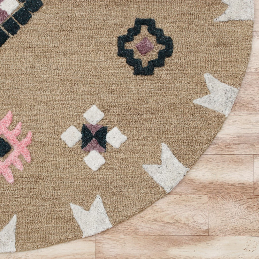 7" Round Taupe Boho Chic Motif Area Rug