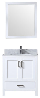 30" White Single Vanity, White Carrara Marble Top, White Sink and 28" Mirror