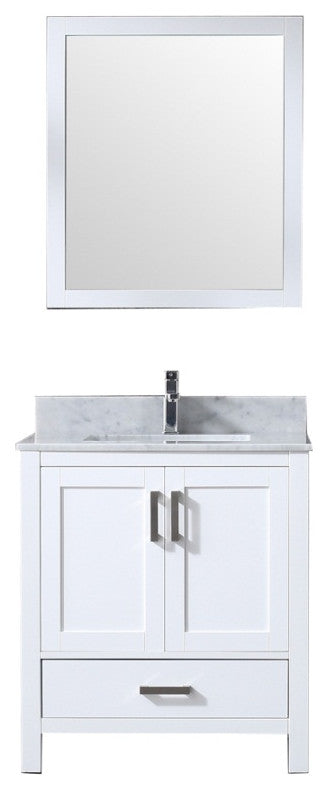 30" White Single Vanity, White Carrara Marble Top, White Sink and 28" Mirror