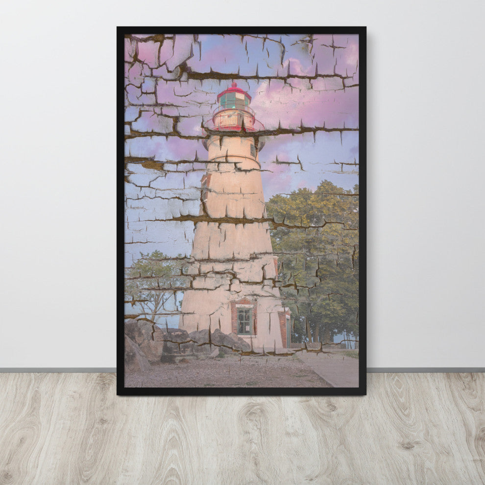 Faux Wood Texture Marblehead Lighthouse at Sunset Framed Photo Wall Art Print, Black, 24" X 36"