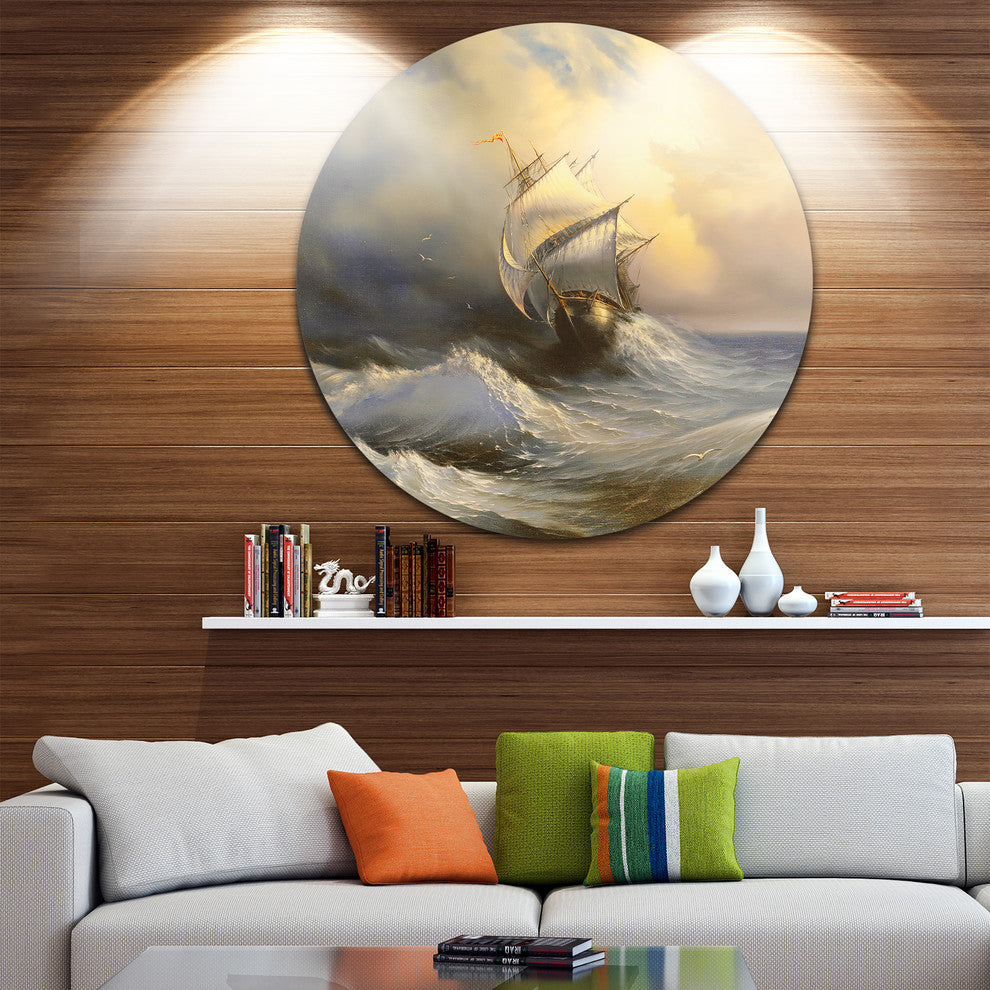 Vessel In Stormy Sea, Seascape Disc Metal Artwork, 11"