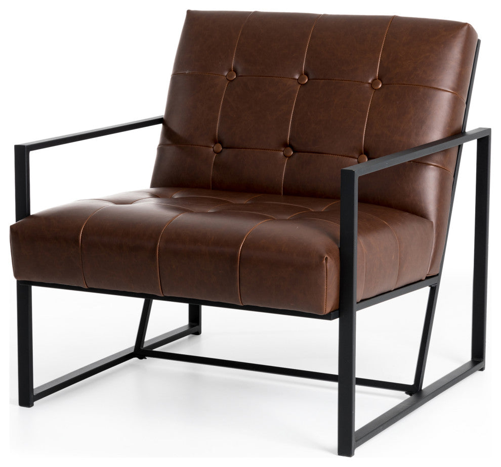 Modern Leatherette Accent Armchair With Black Metal Frame, Set of 2, Brown