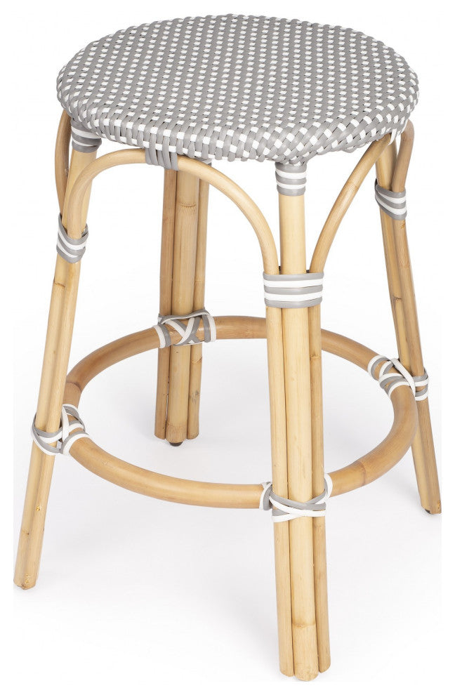 24" Natural Gray and White Rattan Backless Counter Height Bar Chair