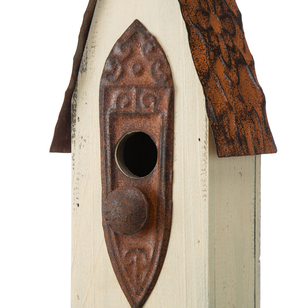 Washed White Distressed Solid Wood Birdhouse