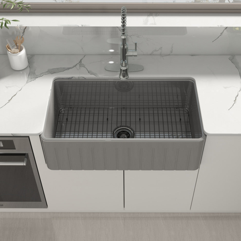 33in Single Bowl Fireclay Farmhouse Apron Kitchen Sink with Grid and Drainer, Matte Gray