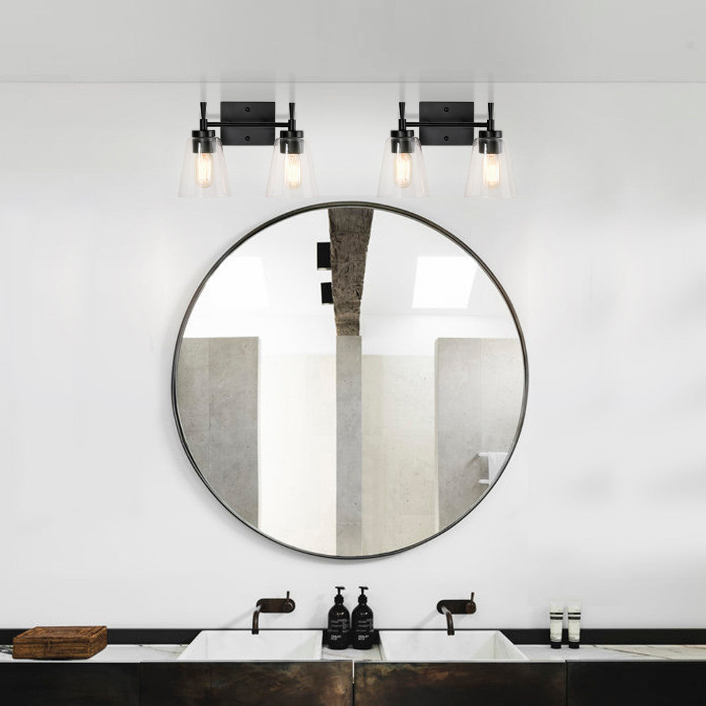13 in. 2-Lights Matte Black Vanity Light With Clear Glass Cone Shades